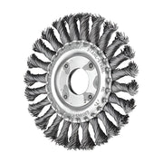 Pferd knotted wheel brush RBG steel 22.2 mm hole, 115 x 12 mm wheel with a silver plate marked STAHL-STEEL