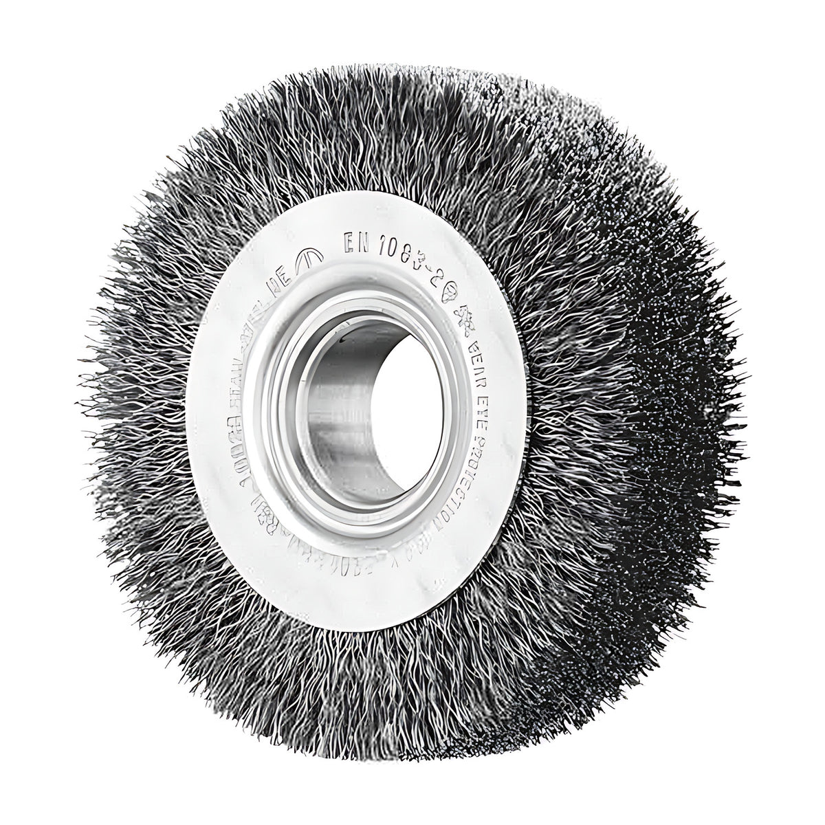 Pferd wide crimped wheel brush RBU 100 x 28 mm steel, thick wavy wire wheel with a white plate and a metal bore