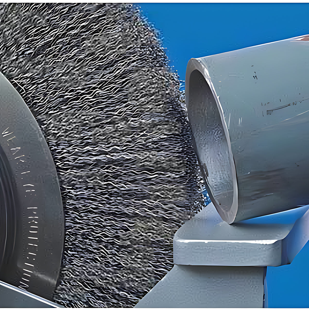 Pferd wide crimped wheel brush RBU 100 x 28 mm on a bench grinder, brushing the end of a grey steel pipe