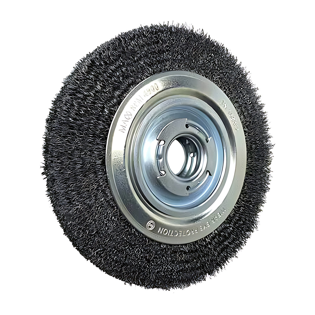 Pferd wide crimped wheel brush with arbor hole, steel, wavy wire wheel with a silver ring and blue-silver bore