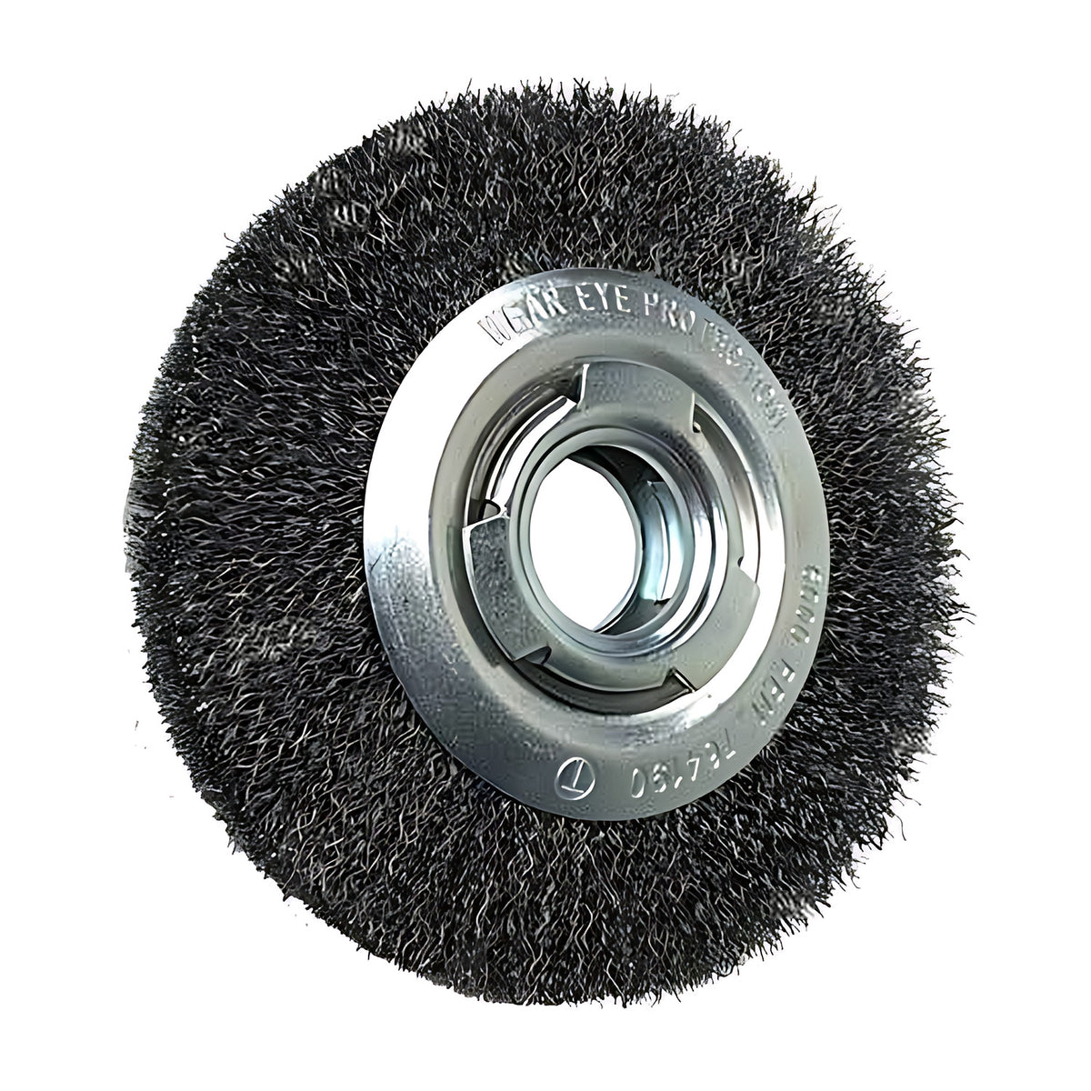 Pferd wide crimped wheel brush with arbor hole, steel, wavy wire wheel with a silver plate and a notched bore