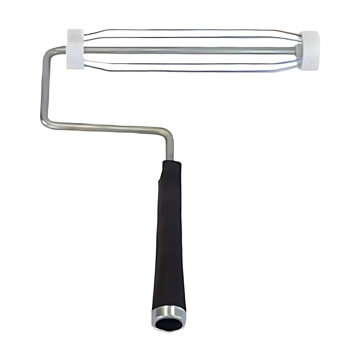 Cage roller frame with a metal cage, white end caps and a black rubber handle on a white background