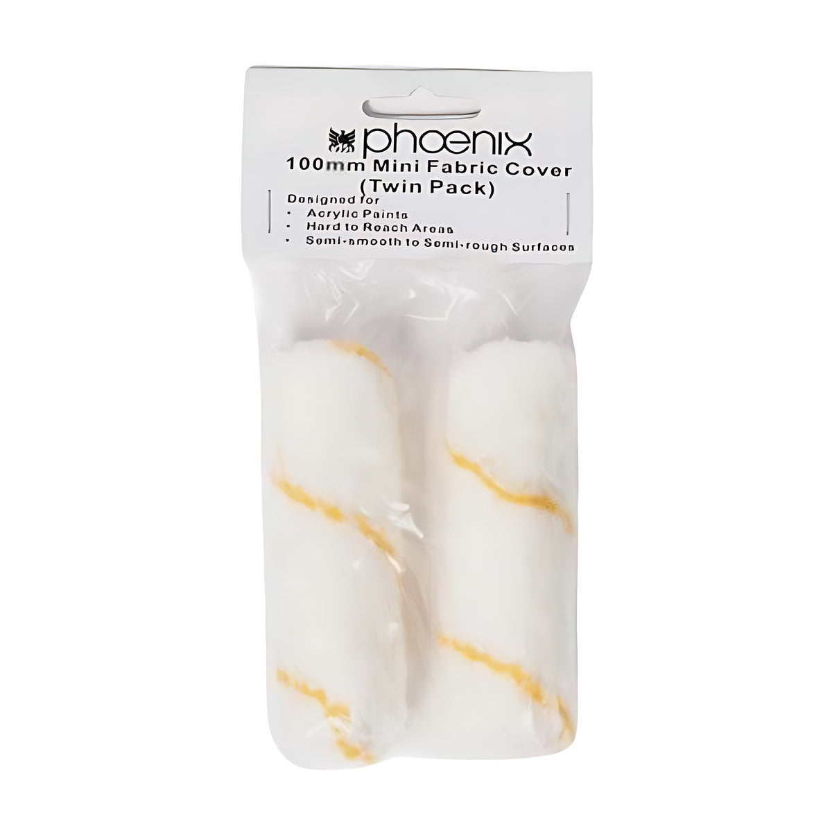 Phoenix 100mm Mini Fabric Cover twin pack in a clear bag, two white mini roller covers with gold stripes