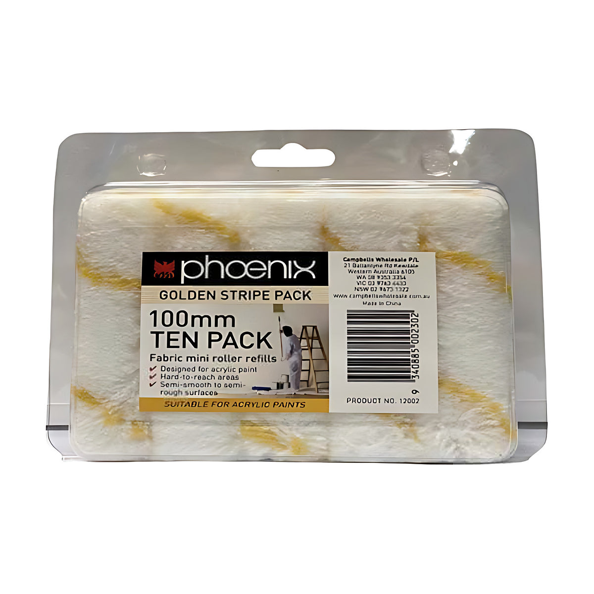 Phoenix Golden Stripe Pack of 100mm ten pack fabric mini roller refills in a blister pack, white with gold stripes