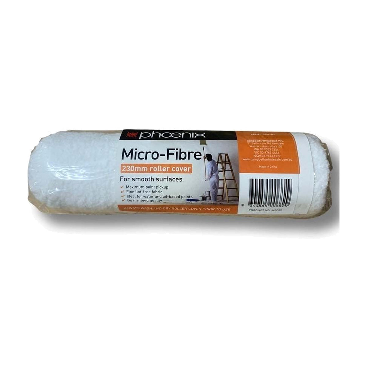 Phoenix Micro-Fibre 230mm roller cover with a white cover and a label showing a painter on a ladder