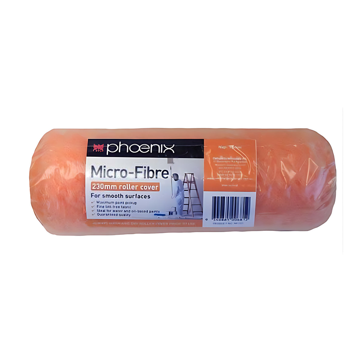 Phoenix Micro-Fibre roller cover with an orange-tinted cover, label reads 230mm roller cover for smooth surfaces