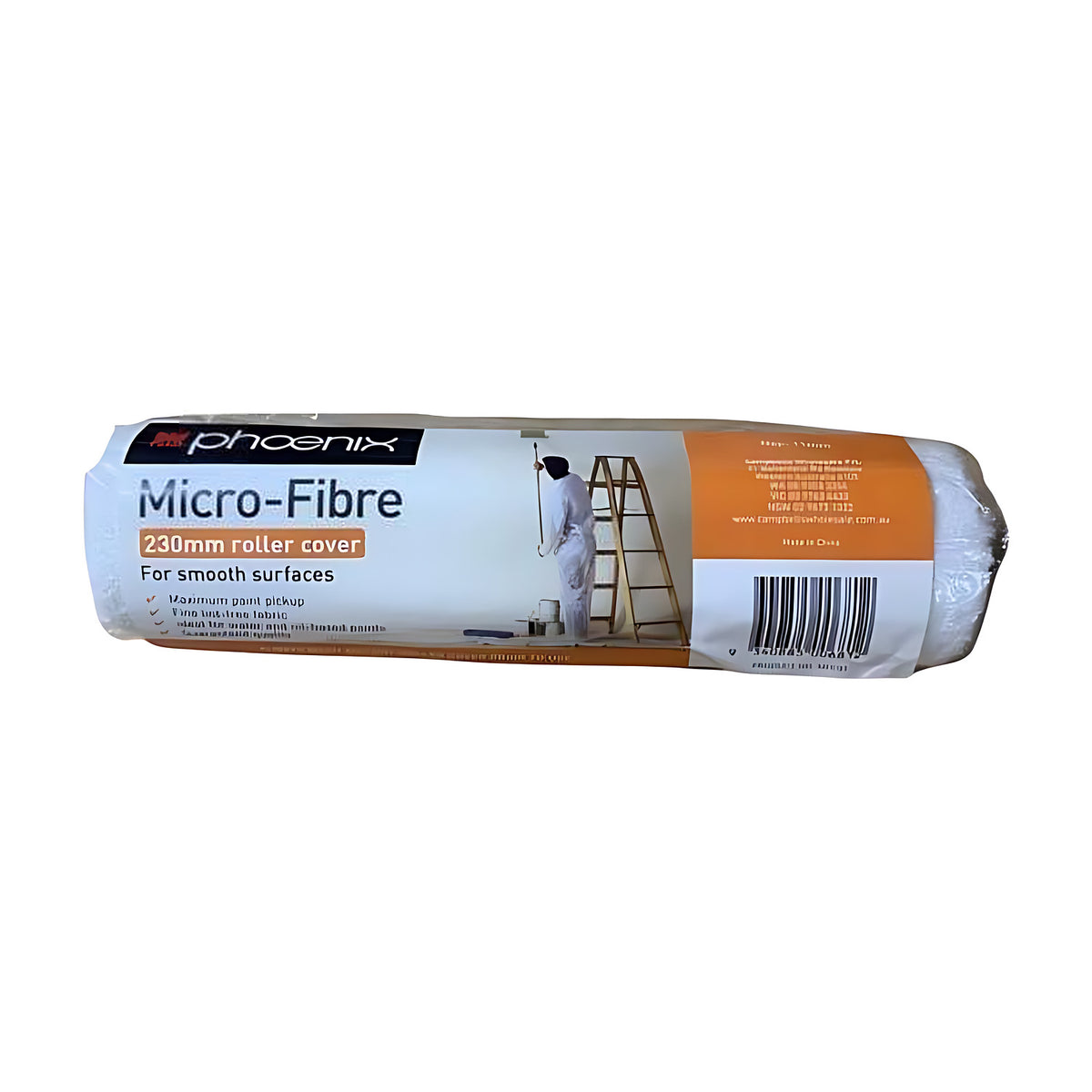 Phoenix Micro-Fibre roller cover in clear wrap, white cover, label reads 230mm roller cover for smooth surfaces