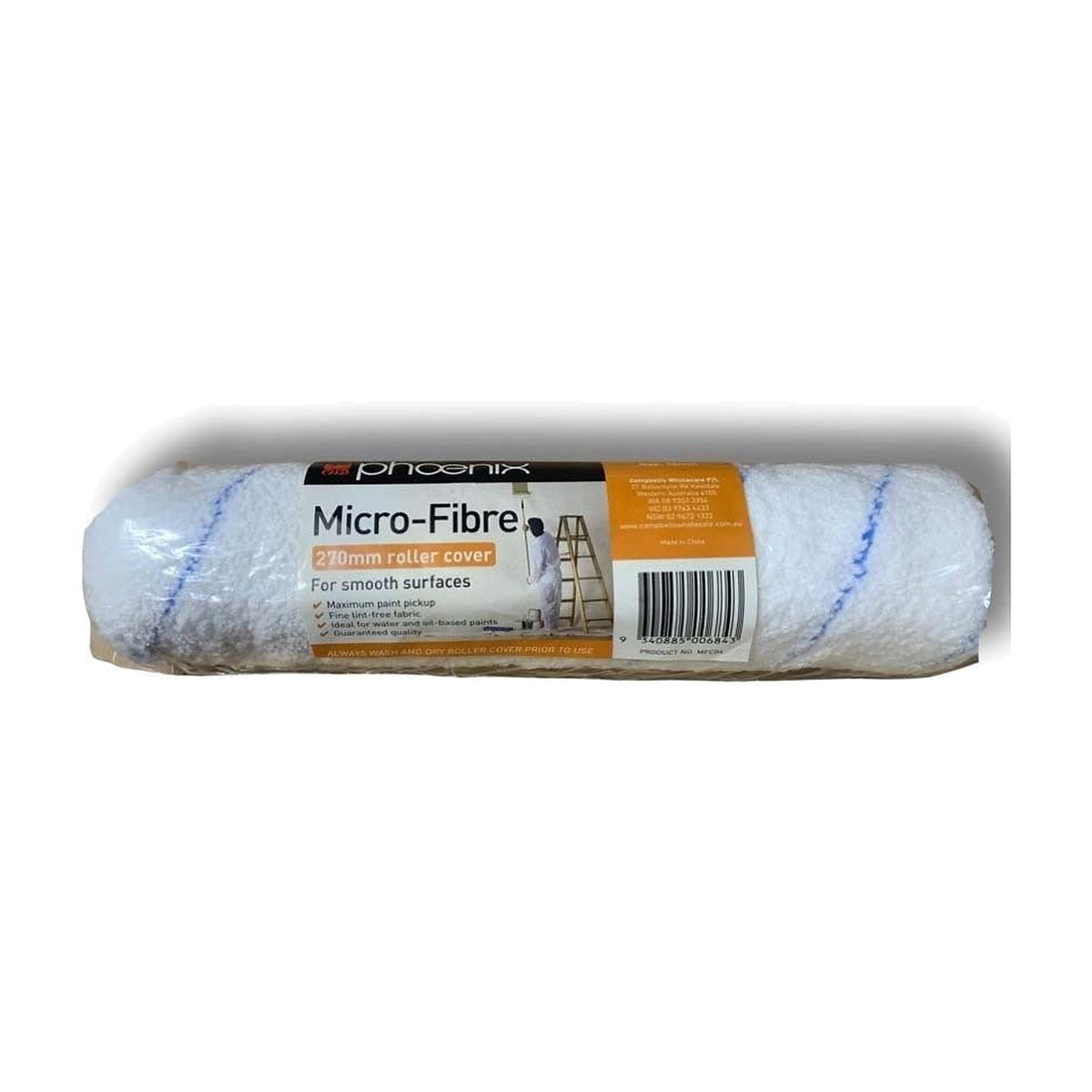 Phoenix Micro-Fibre 270mm roller cover with a white cover and blue stripes, label for smooth surfaces