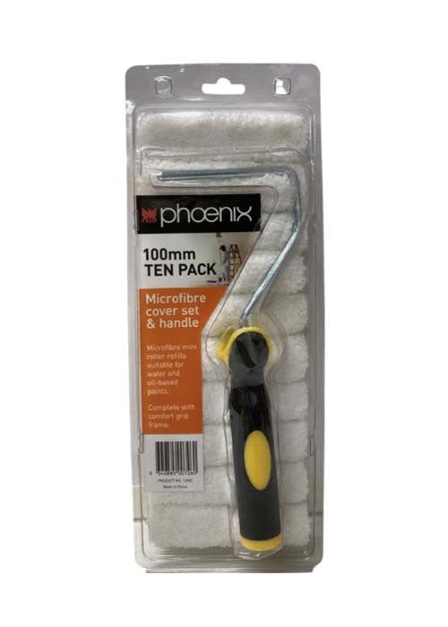Phoenix Mini Microfibre Roller Cover 100mm - 10/Pack With Handle - AIMS Industrial Supplies
