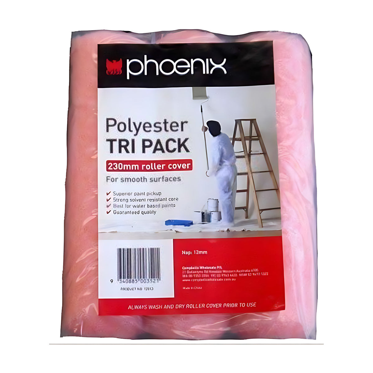Phoenix Polyester Tri Pack of 230mm roller covers in a pink bag, label reads for smooth surfaces