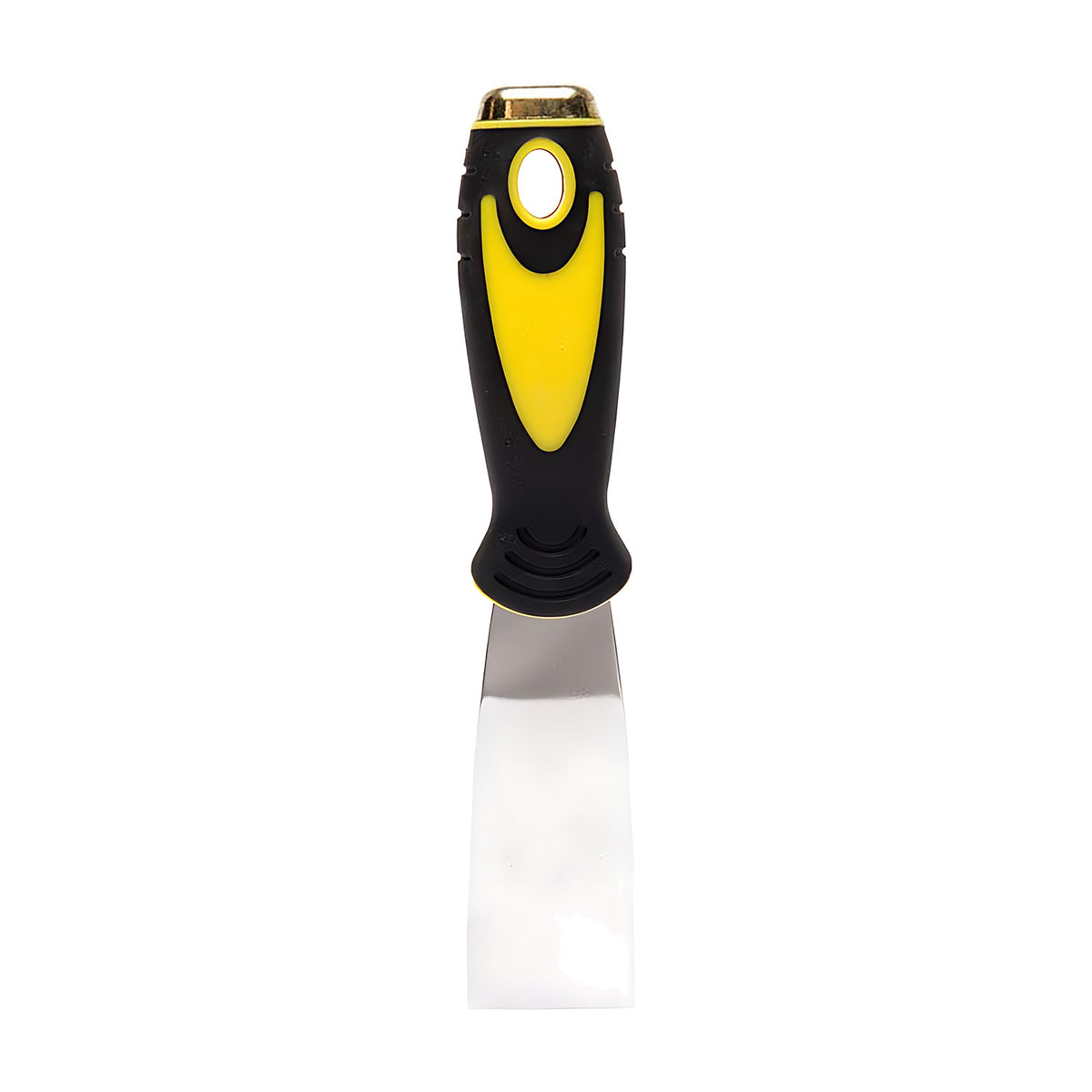 Stripping knife with a black and yellow soft-grip handle with a hanging hole and a narrow metal blade