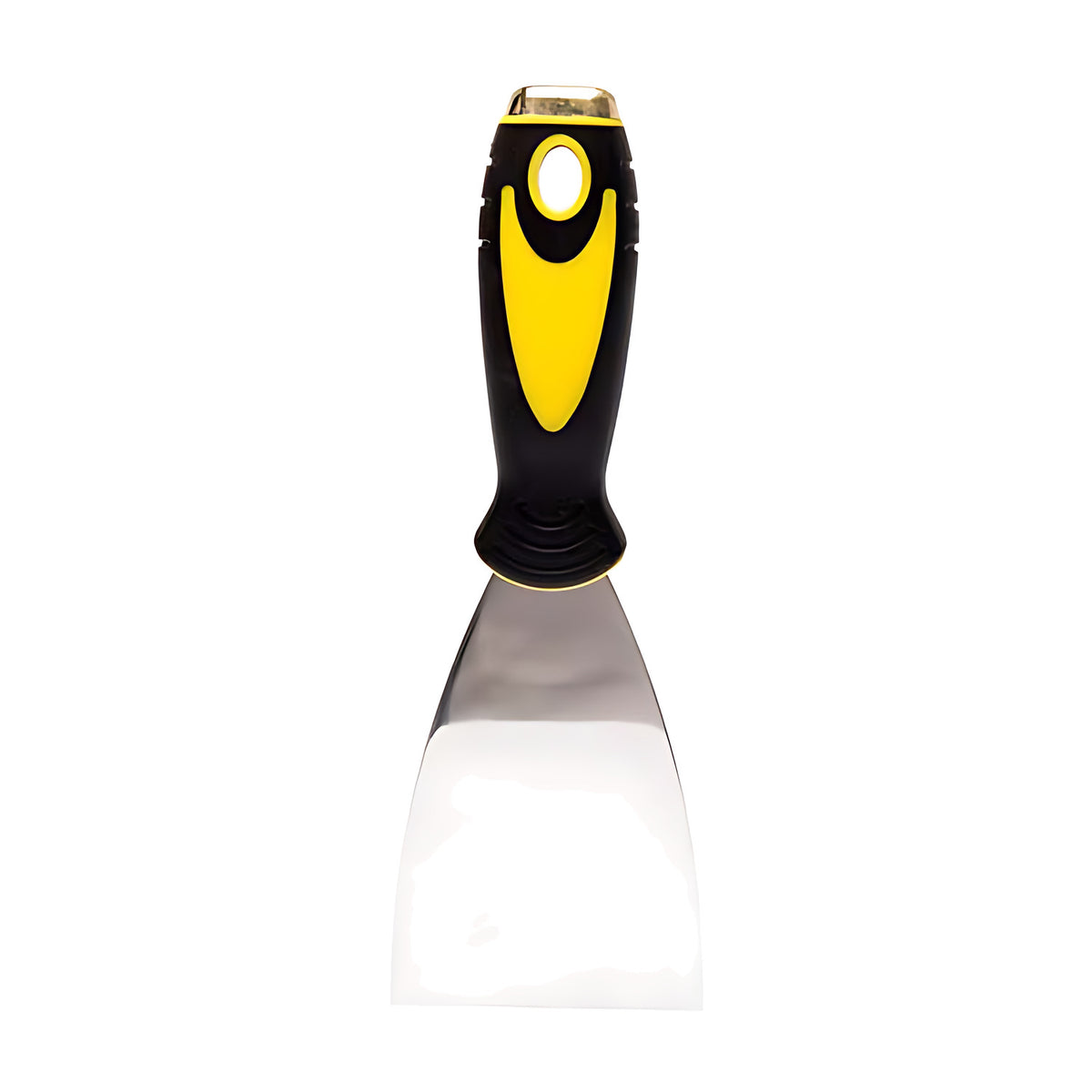 Stripping knife with a black and yellow soft-grip handle and a wide metal blade with a brass-coloured cap