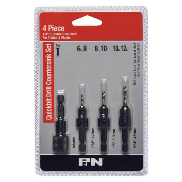 P&N 107B3SET3 Quickbit Pilot Drill Bit & Countersink Set 3 piece + Adaptor - HSS - AIMS Industrial Supplies