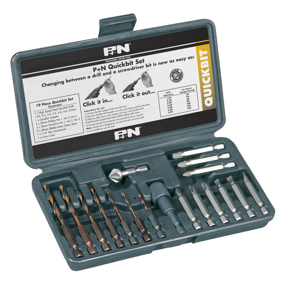 P&N 150B0FHEX Quickbit Set - 19 piece Drill and Screwdriver Bit Set - HSS1