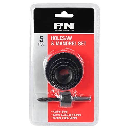 P&N 166044666 Holesaw Set Kit 5 piece w/ Mandrel 32mm - 54mm Carbon Steel - AIMS Industrial Supplies