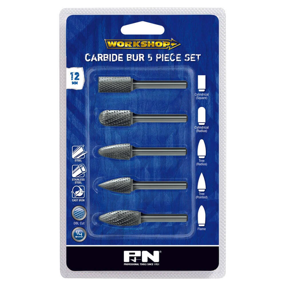 P&N 918CRSET5S Workshop Bur Set 5Pce 1/4" Shank Double Cut VHM Bright - AIMS Industrial Supplies