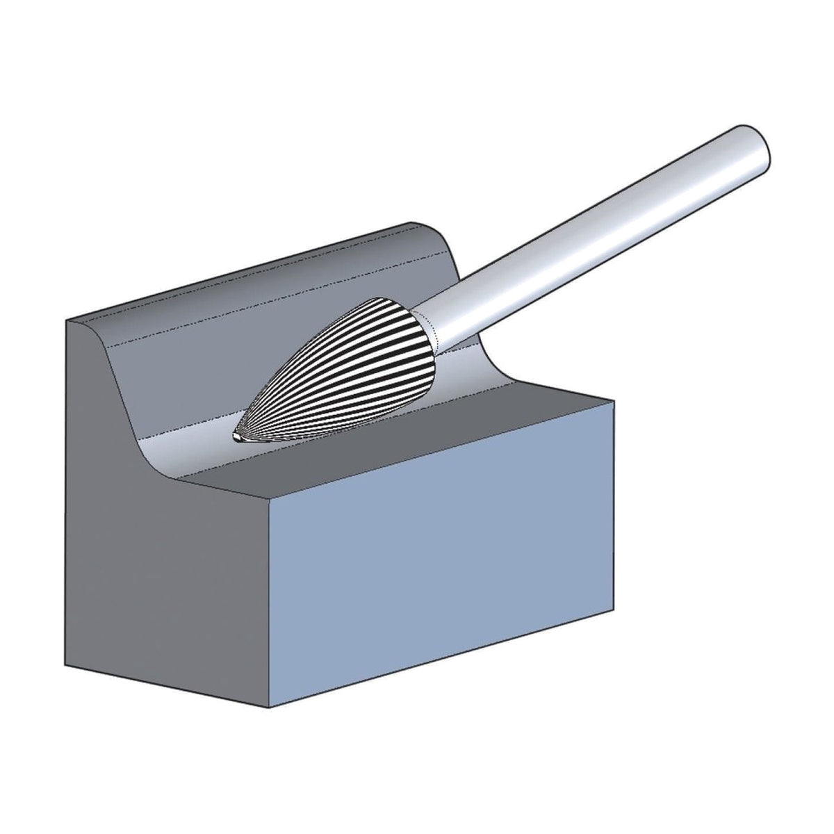 Pferd SPG MX NCC 1/4 x 5/8 to 5/8 x 1 in tree burr, drawing of the burr cutting a curved edge in a grey block