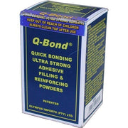 Blue Q-Bond repair kit box labelled Quick Bonding Ultra Strong Adhesive, Filling and Reinforcing Powders