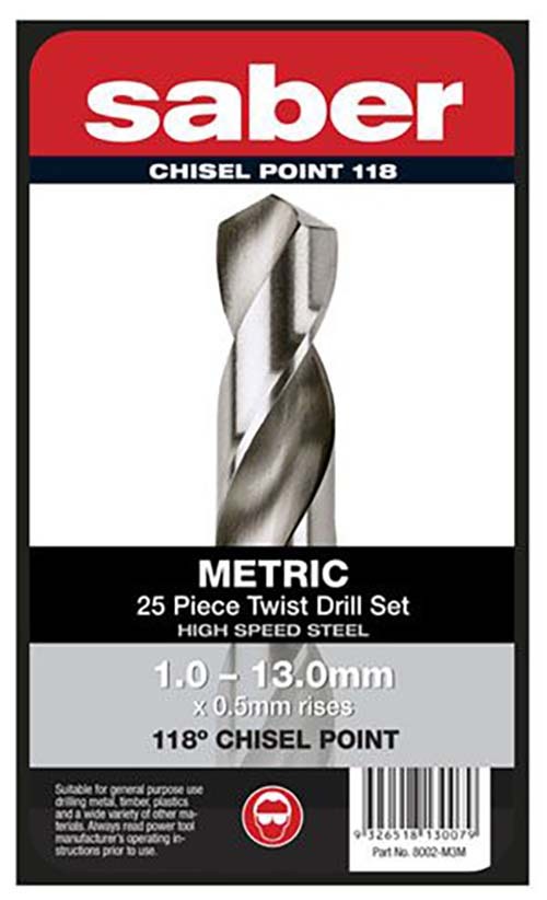 Saber 25 Pieces HSS Bright Finish Drill Set in Metal Case - 8002-M3M2