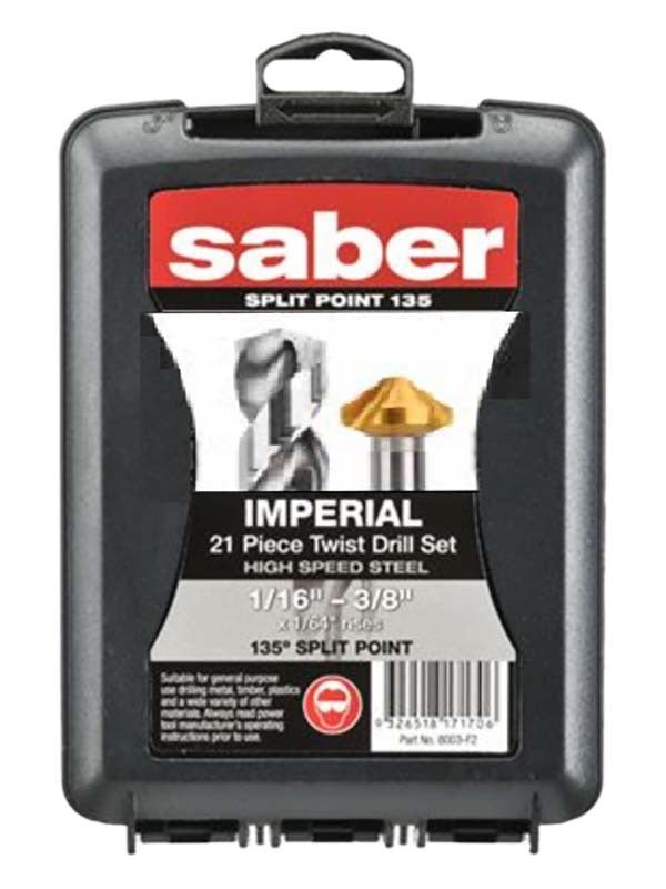 Saber 8003 - F2 - C17 21 Piece 1/16 - 3/8" HSS Bright Finish Jobber Drill Set Bonus 20mm Countersink - AIMS Industrial Supplies