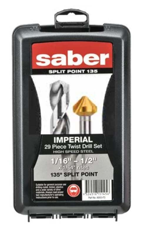 Saber 8003-F3-C17 29 Piece 1/16-1/2" HSS Bright Finish Jobber Drill Set Bonus 20mm Countersink1