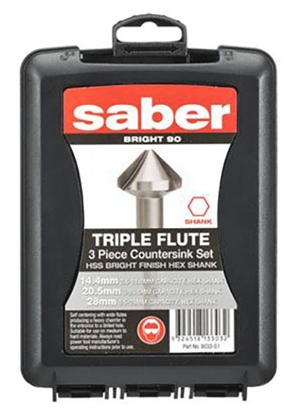 Saber HSS Countersink Triple Flute 90° Bright Hex Shank Set - 8033 - S1 - AIMS Industrial Supplies