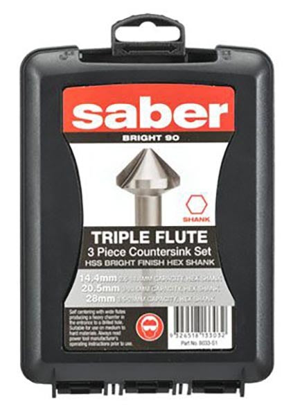 Saber HSS Countersink Triple Flute 90° Bright Hex Shank Set - 8033-S12