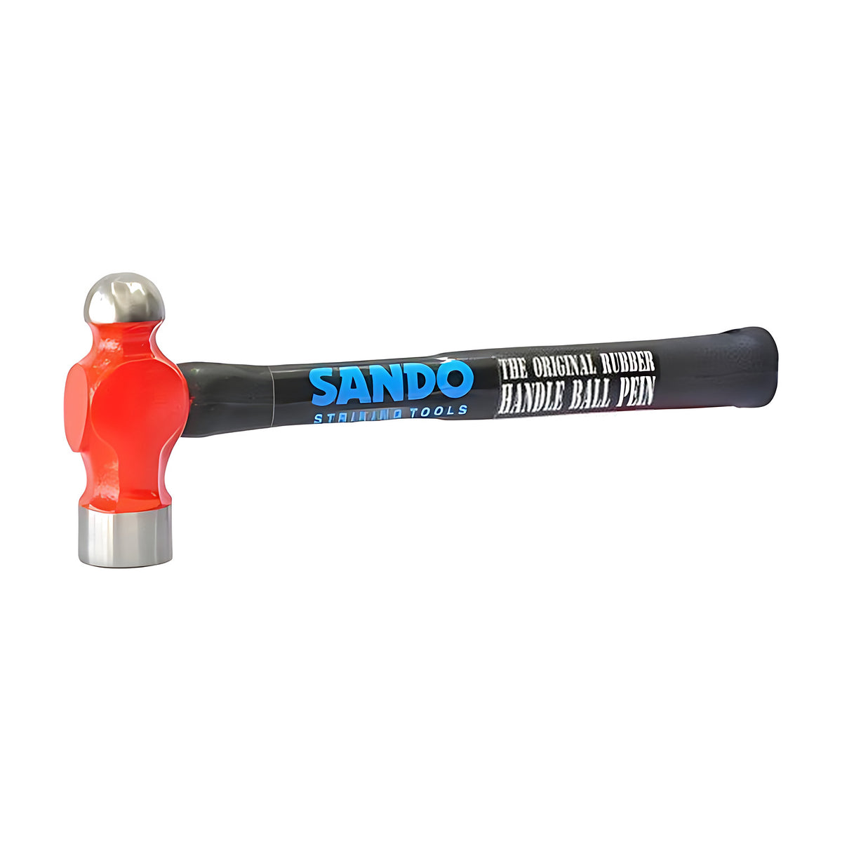 Sando hard face ball pein hammer with a red head, steel ball end and flat face, black handle