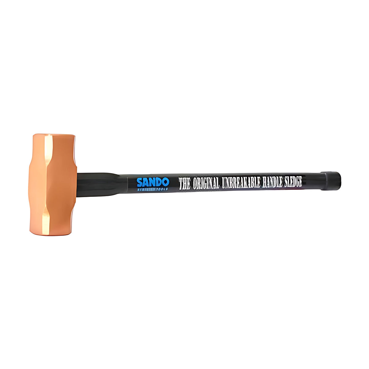 Sando copper head sledge hammer with a long black handle, side view