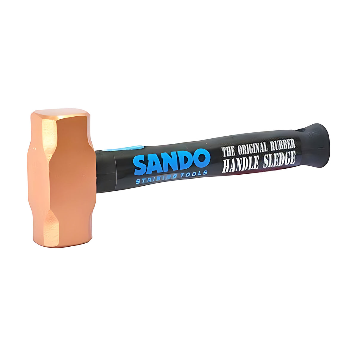 Sando copper head sledge hammer with a short black unbreakable handle, angled view
