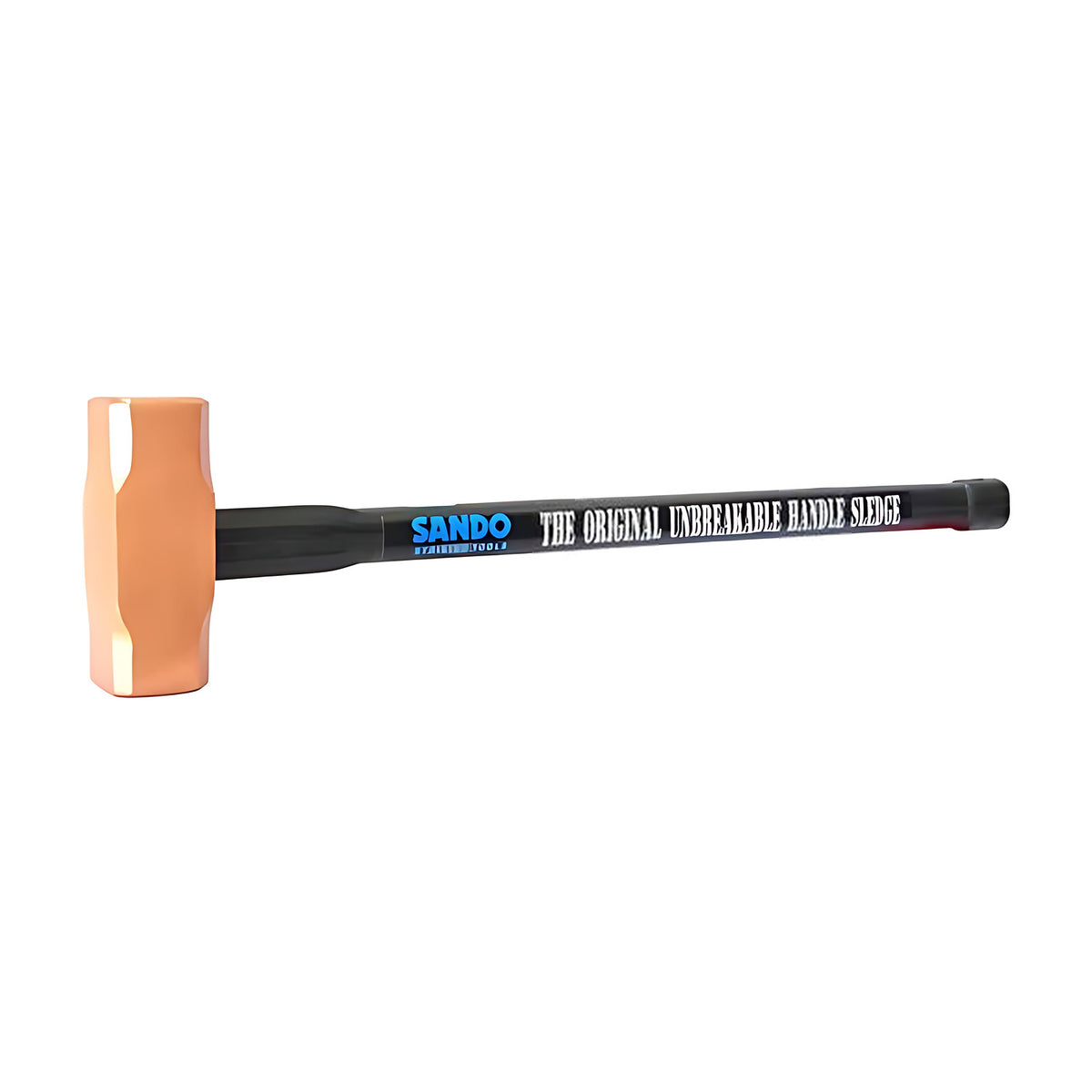 Sando copper head sledge hammer with a medium-length black handle, head on the left, side-on view