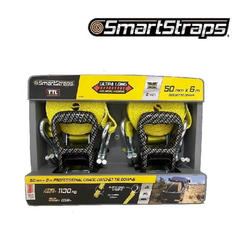 SmartStraps Commercial Ultra Long Ratchet Tie Down 6m x 1130kg LC - 2/Pack - AIMS Industrial Supplies