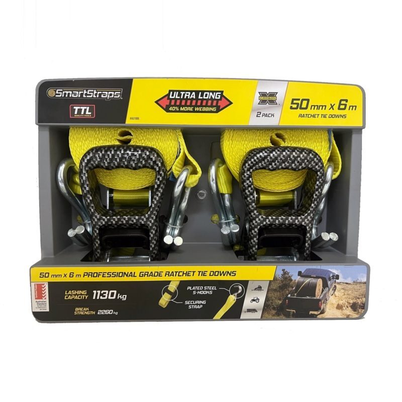 SmartStraps Commercial Ultra Long Ratchet Tie Down 6m x 1130kg LC - 2/Pack - AIMS Industrial Supplies