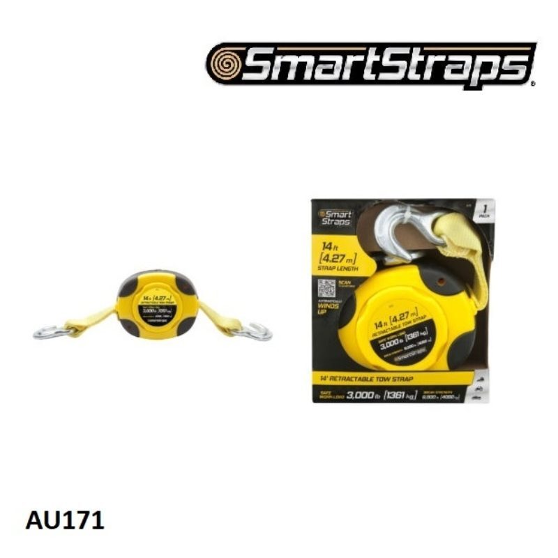 SmartStraps Retractable Tow Strap Automatic Winds 4m x 2000 Kg Capacity - AIMS Industrial Supplies