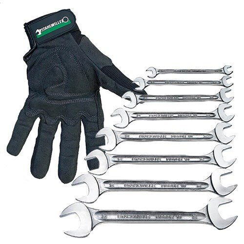 Stahlwille 8Pcs Double Open End Spanner Set And Mechanics Glove (Medium) - AIMS Industrial Supplies