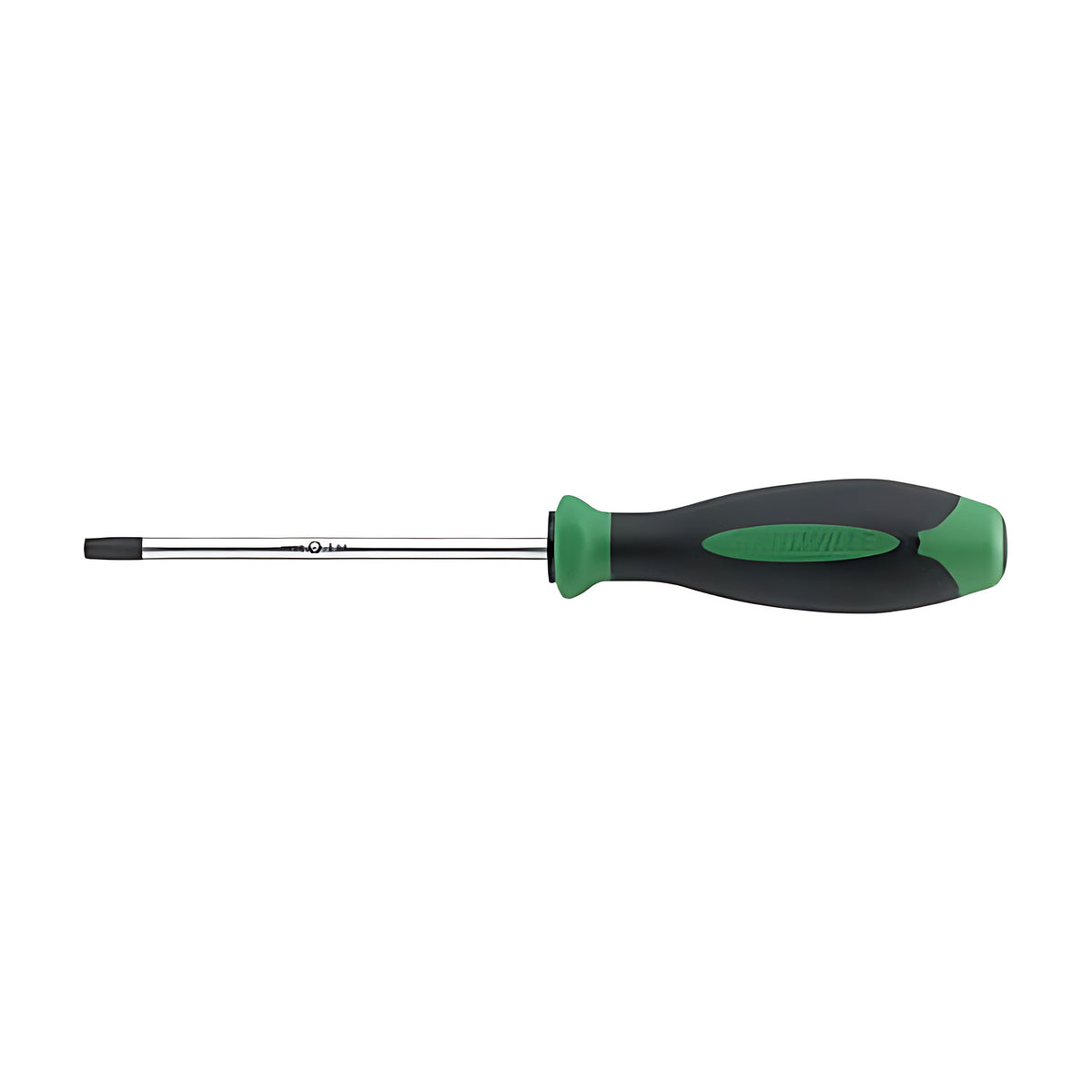 Torx screwdriver with a green and black ergonomic handle and a short slim steel blade with a black Torx tip