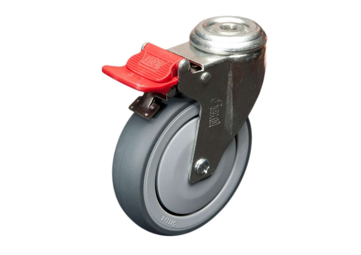 Stainless Swivel Bolt Hole Castor with Brake - Rubber Wheel, Grey G7 - AIMS Industrial Supplies