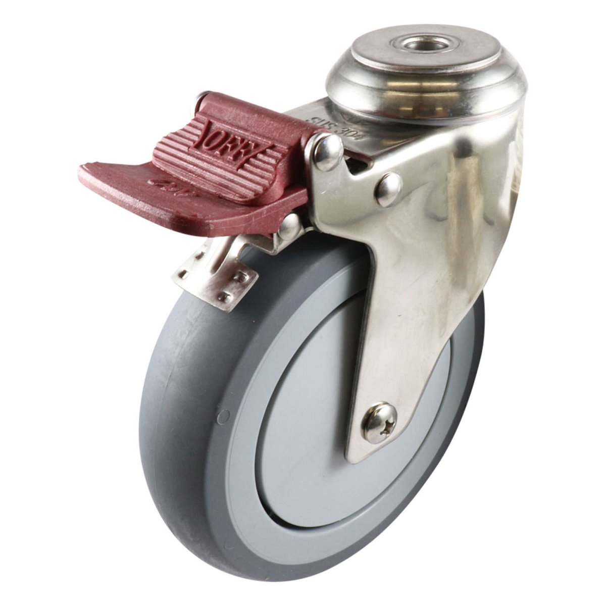 Stainless Swivel Bolt Hole Castor with Brake - Rubber Wheel, Grey G7 - AIMS Industrial Supplies
