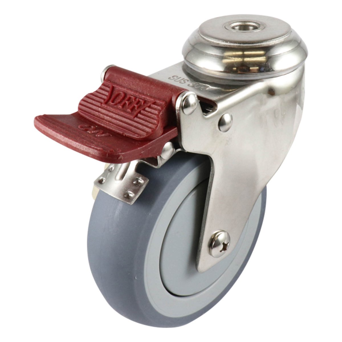 Stainless Swivel Bolt Hole Castor with Brake - Urethane Wheel, Grey G7 - AIMS Industrial Supplies