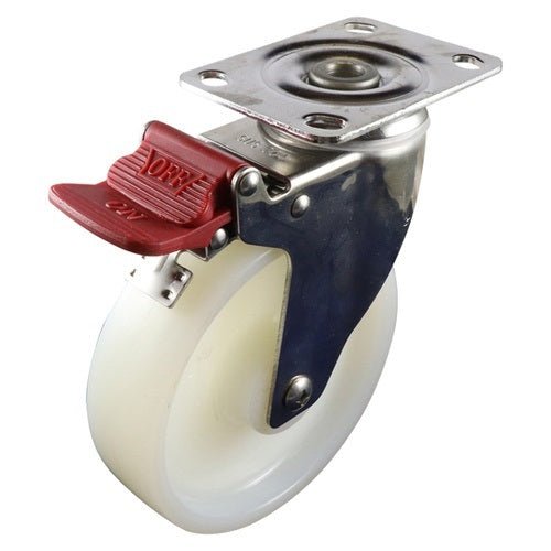 Stainless Swivel Plate Castor with Brake - Nylon Wheel, White G7 - AIMS Industrial Supplies
