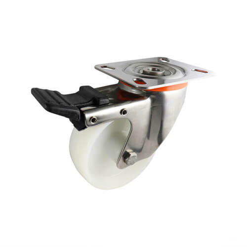 Stainless Swivel Plate Castor with Brake - Nylon Wheel, White S5 - AIMS Industrial Supplies
