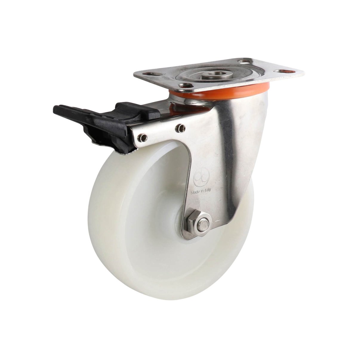 Stainless Swivel Plate Castor with Brake - Nylon Wheel, White S5 - AIMS Industrial Supplies