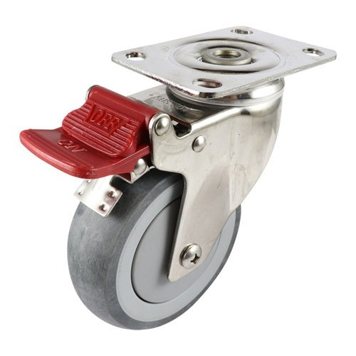 Stainless Swivel Plate Castor with Brake - Rubber Wheel, Grey G7 Series1