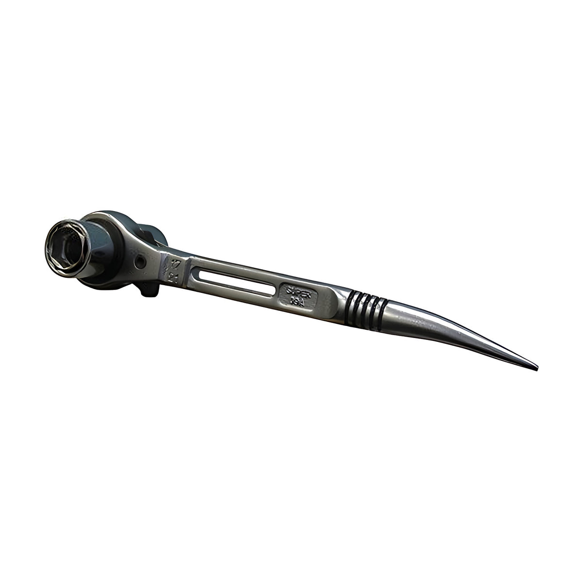 Super SRF 4 in 1 stubby podger ratchet with slotted body, ratchet socket head and curved spear end