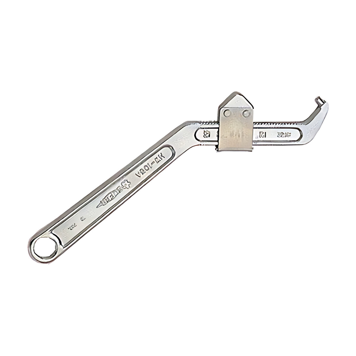Super SRHW105A adjustable pin hook spanner, 35 to 105mm, nickel-chrome finish, with ring end and hooked jaw