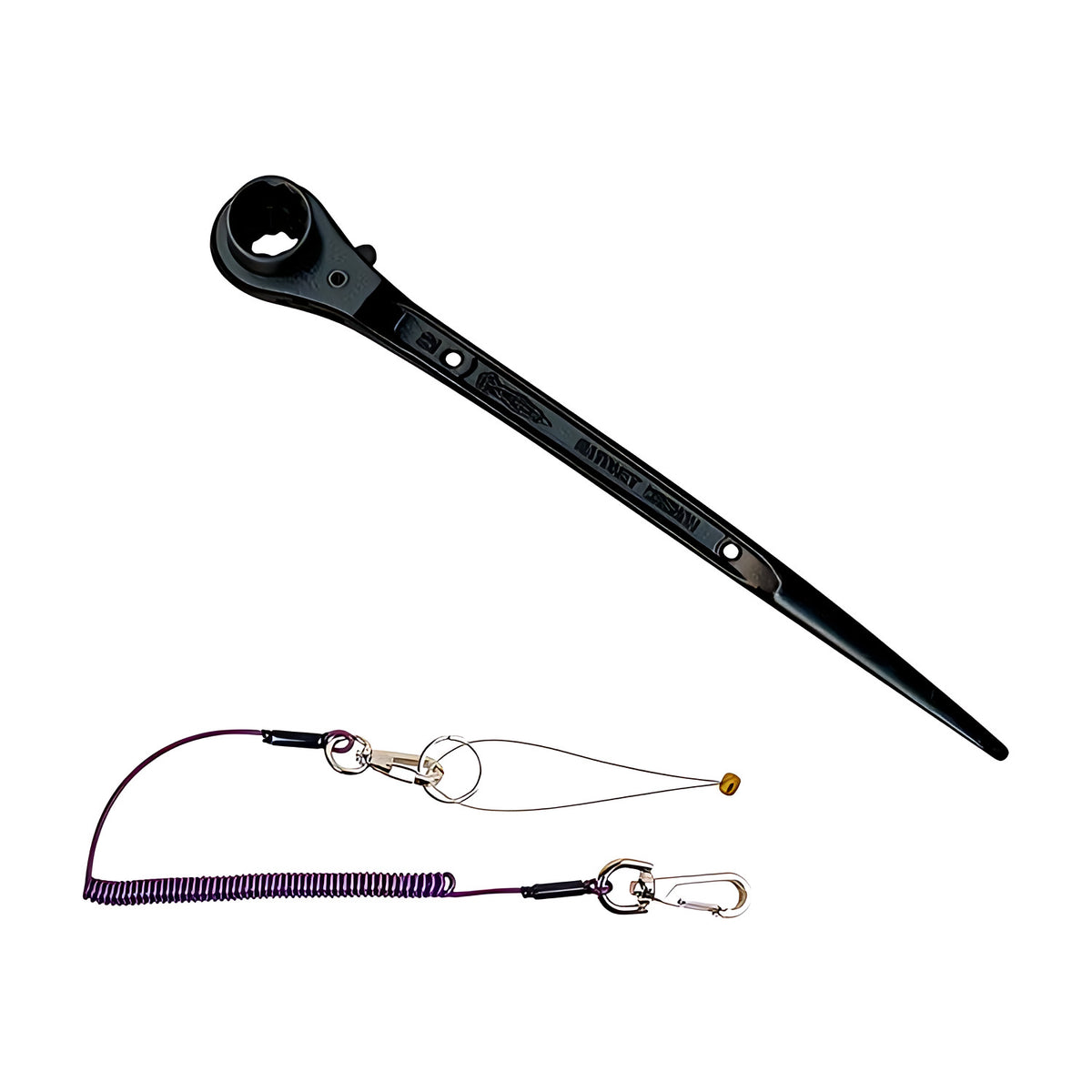 Super ratchet podger wrench with spear handle shown beside its purple coiled safety rope, SRRN-P kit