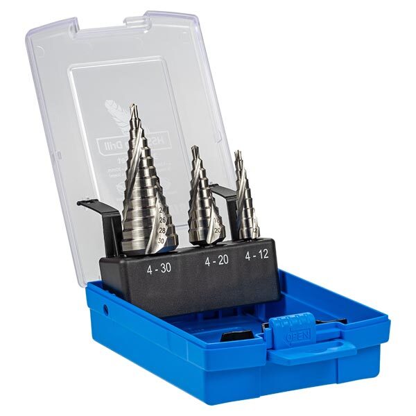 Sutton D504SET3 Step Drill HSS Spiral 4-12mm, 4-20mm and 4-30mm (9 to 14 Steps) - AIMS Industrial Supplies