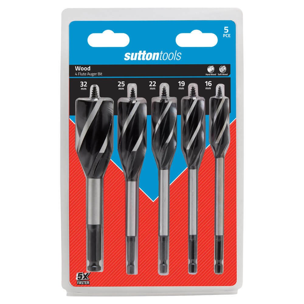 Sutton D5140005 Auger Drill Set 5 piece 4 Flute 16/19/22/25/32 Alloy Steel - AIMS Industrial Supplies