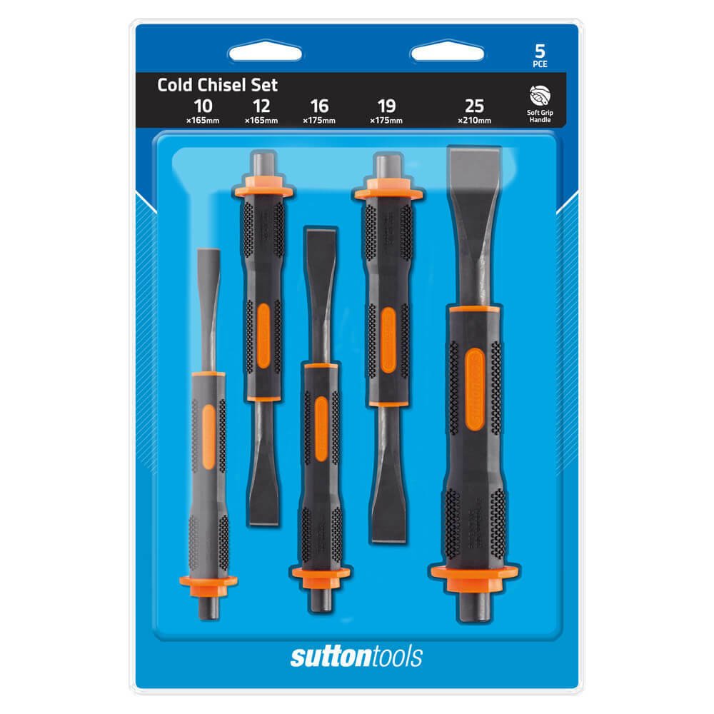 Sutton M7100005 Cold Chisel Soft Grip 5 Pce Set (10, 12, 16, 19, 25mm) Blue Polishing Compound CRV - AIMS Industrial Supplies