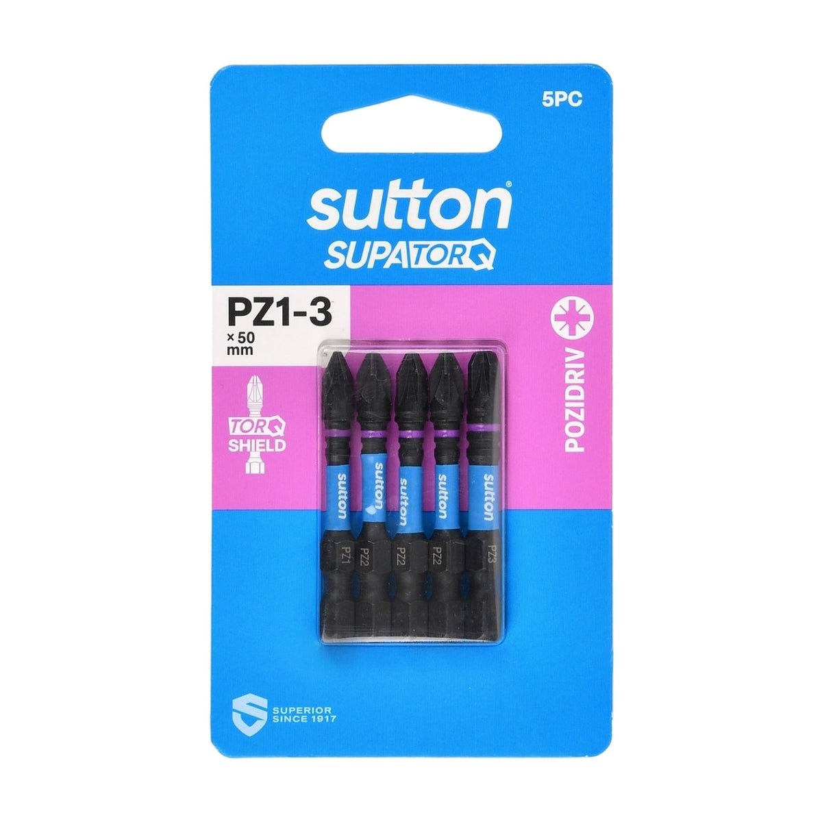 Sutton S202S05B03 PZ1 - 3 x 50mm Pozidriv Screwdriver Bit Set S202 Supatorq, 5 Pcs